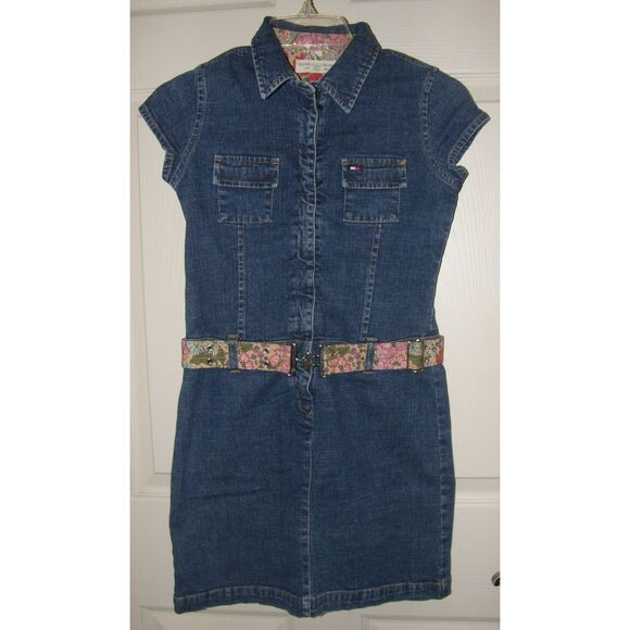 TOMMY HILFIGER Girls Sz 12 Knee Length Stretchy Cotton Blue Denim Belted Dress - Picture 1 of 5